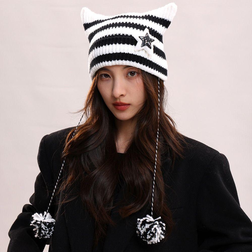 Star Cat's Ears Knitted Hat Harajuku Woolen Hat Casual Slouchy Knitted Beanies  Apparel Accessories