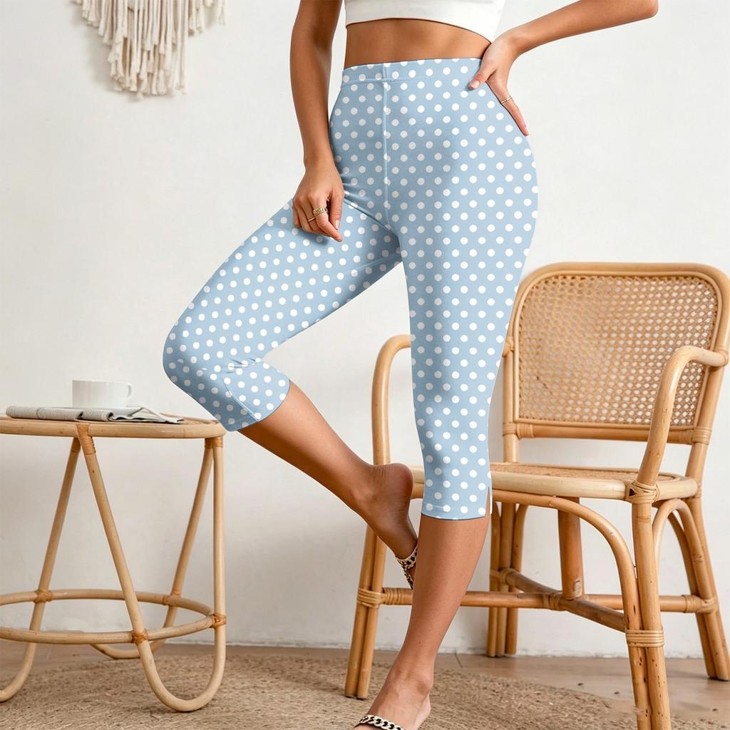 Women’s Elastic Waist Slim Fit Split Hem Capri Pants Casual Polka Dot Print Relaxed Style Lightweight Fabric