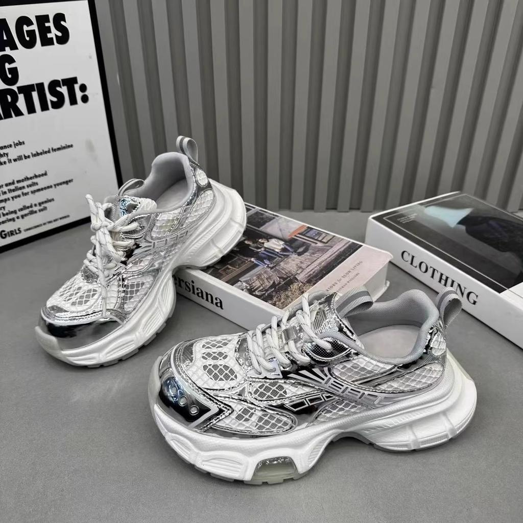 Silver platform versatile breathable mesh shoes summer 2025 new small inner height increase women's shoes soft sole sports shoes