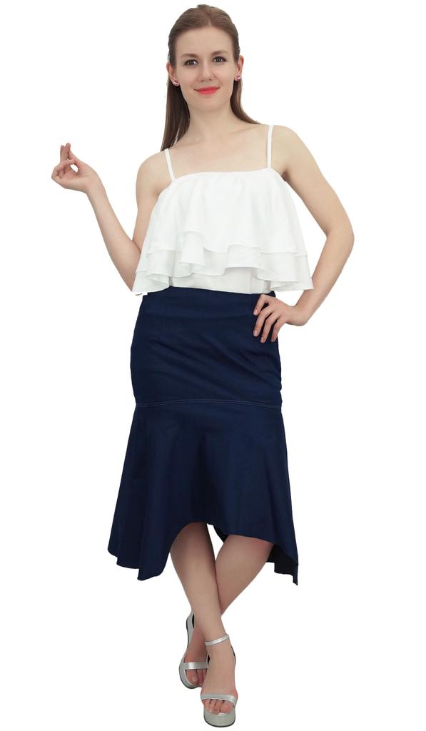 Bimba Women's Navy Blue Asymmetrical Hem Denim Skirt With Side Zip Closure-L