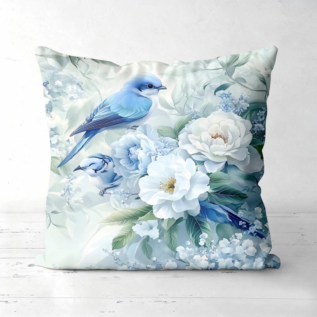 Blue Floral And Bird Pattern Decorative Cushion Covers Polyester Pillowcase, Sofa Decorative Cushion Cov Headboard Pillow