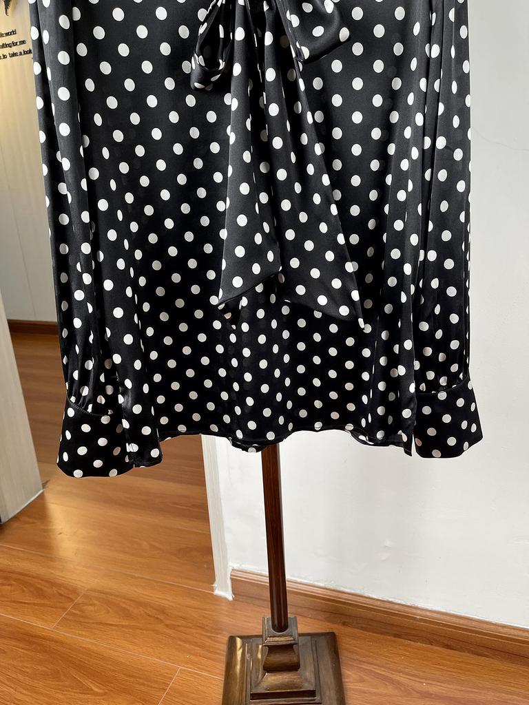 Women's Black and White Polka Dot Long Sleeve Ribbon Silk Top