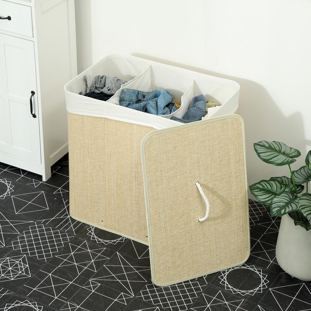 3 Section Laundry Basket with Lid, 144L Bamboo Laundry Hamper with Handles, Removable and Washable Liner, Cream White