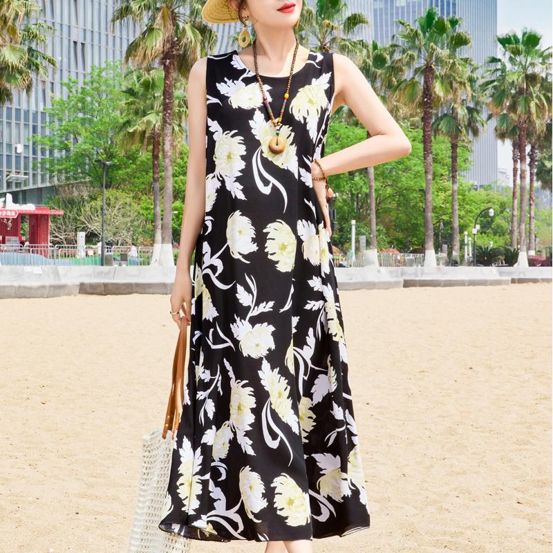 Elegant Sleeveless Dress Summer Fashion Casual Loose Vintage Print Long Dresses for Women Summer Clothes