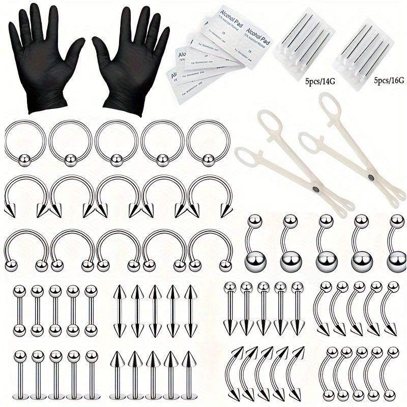 84PCS Mixed Set of Stainless Steel Body Jewelry: Nose Rings, Nose Studs, Eyebrow Studs, Ear Cartilage Studs, Lip Studs, and Navel Rings.