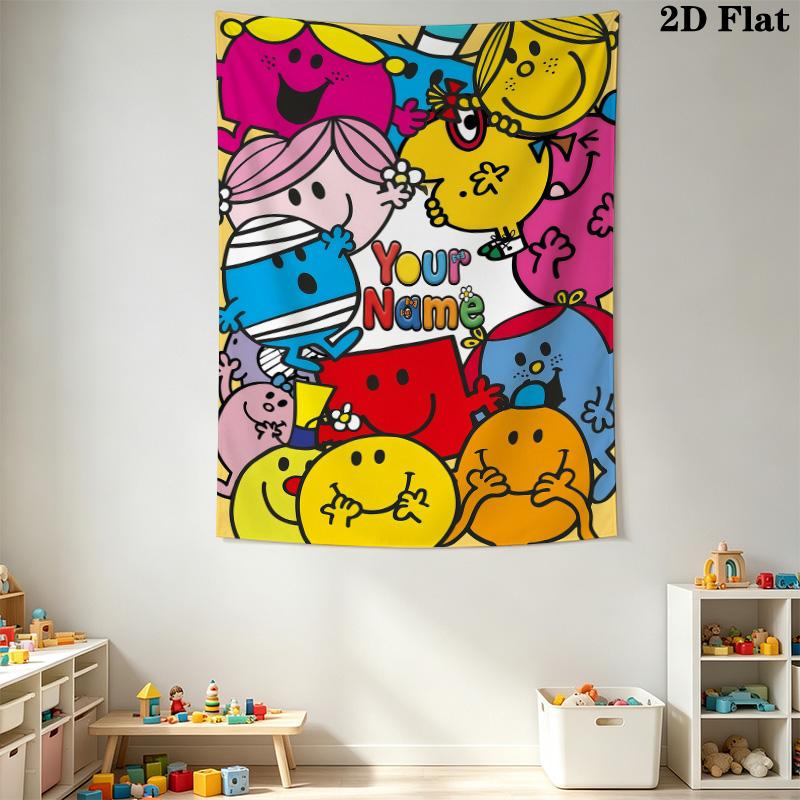 Mr. Men Little Miss Custom Name Wall Tapestry Aesthetic Wall Hanging Printed Fabric Blanket Decorative Tapestries for Bedroom Living Room Home Decor