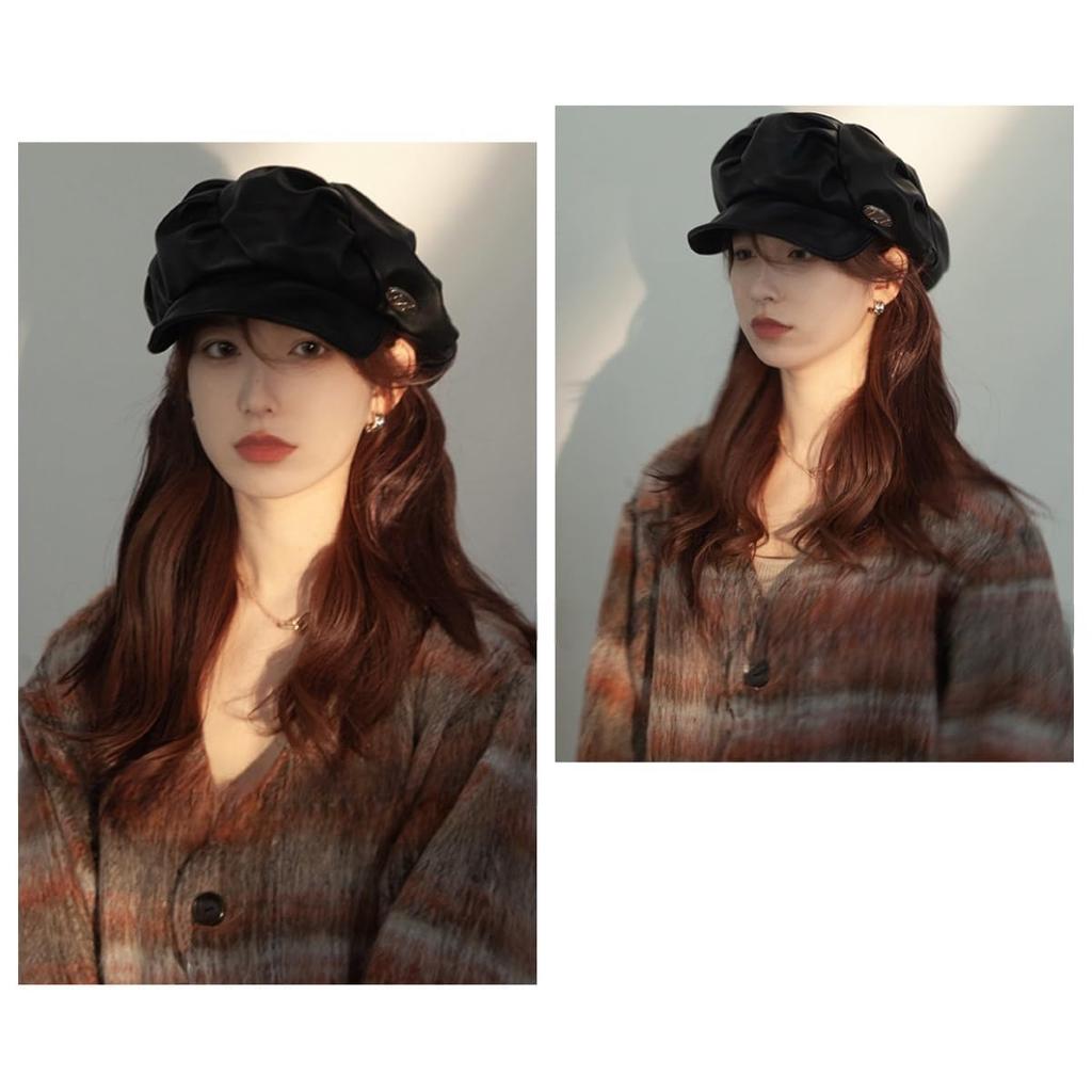 PU Leather with UV Slimming [Qzkouma] Women's Casquette, Hat, Autumn/Winter Cap, Brim, Protection, Effect, Stylish, PYUB-170 (Black)