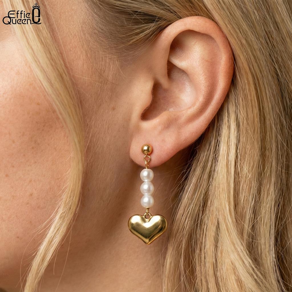 Effie Queen Stainless Steel 18k Gold Heart Style Pearl Drop Earrings Romantic Jewelry for Women Wedding Party Casual Gift STPE01