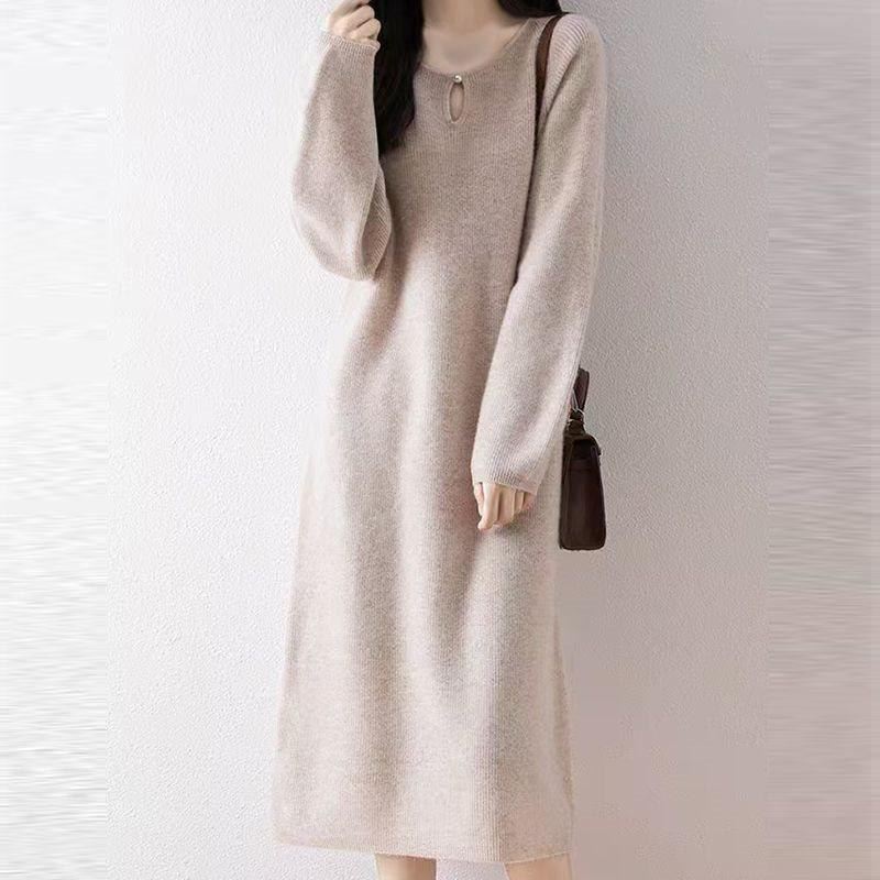Solid Color Knitted Sweater Dress - Round Neck, Mid-Length, Loose Fit, Slimming, Fashionable for Spring and Autumn