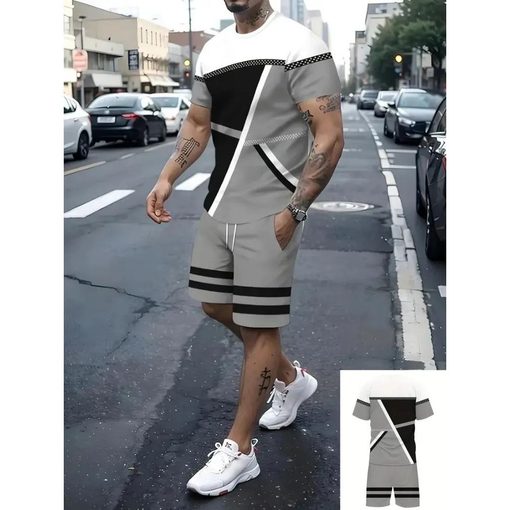Summer Fashion Comfort Plus Size Sports Leisure Comfortable Two-piece Set Letter Stripes 3D Printing Loose Breathable Men's Sports Wear