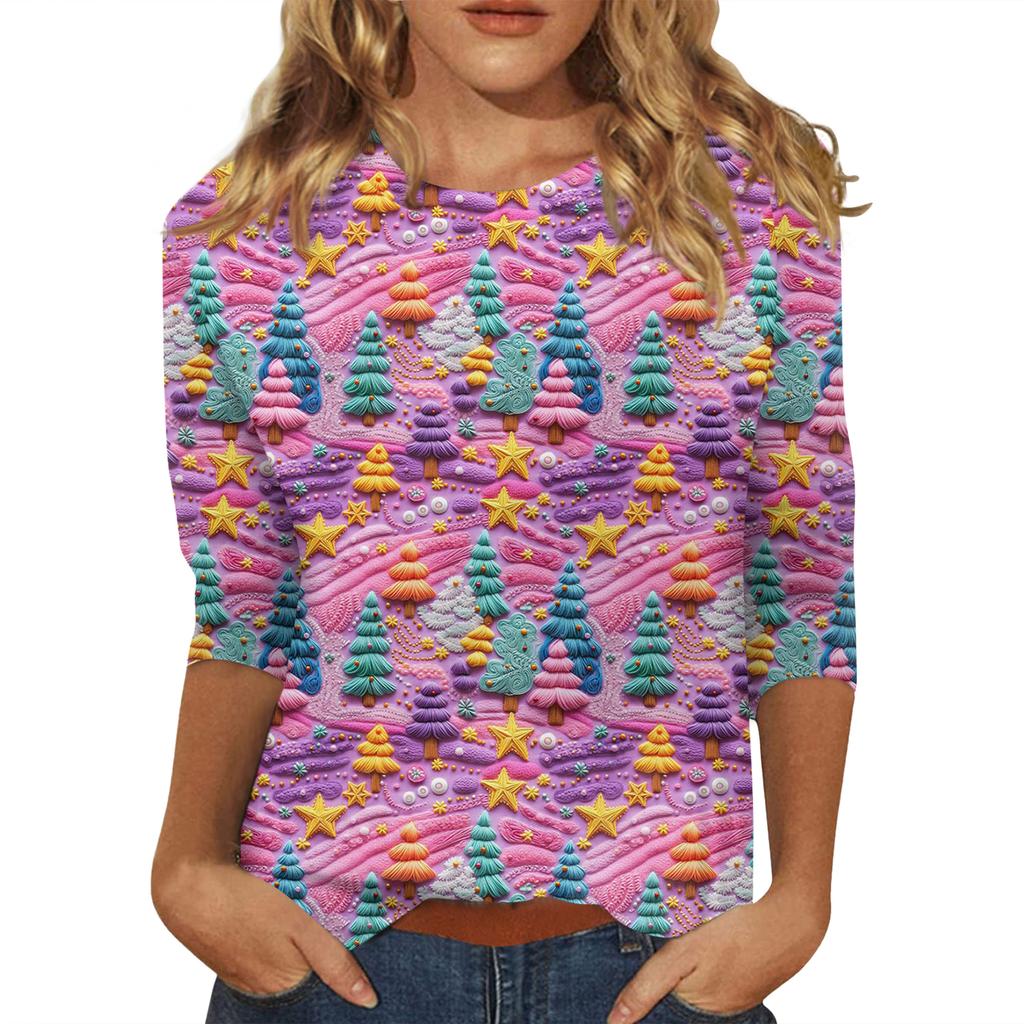 Women's Fashionable Casual Three-Quarter Sleeve Christmas Print Round Neck Top