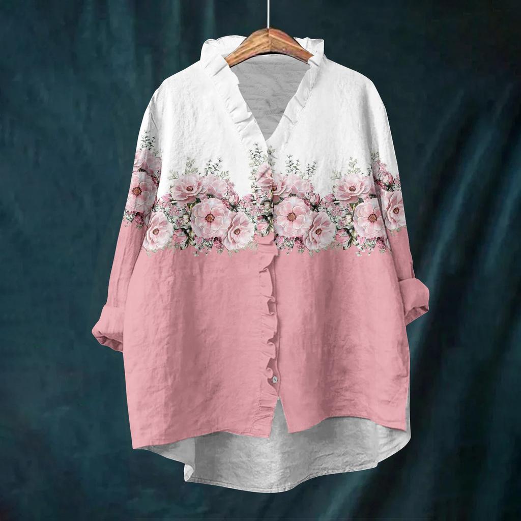 Top da donna ampio con volant e stampa floreale, collo alto, maniche lunghe, in cotone e lino