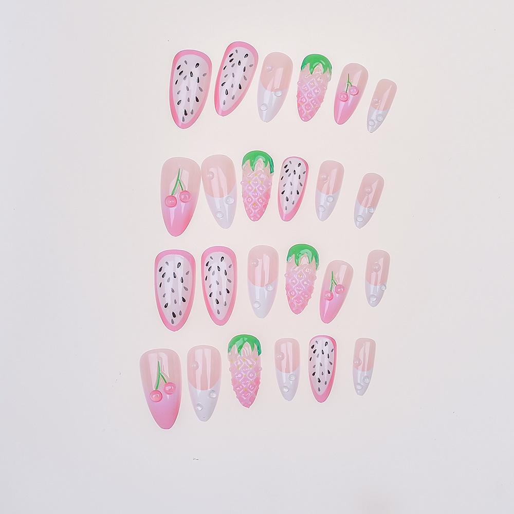 Französische Sommerfrüchte Nagelkunst: 24 Stück 3D Kirsch-Mandel-Press-On-Nägel