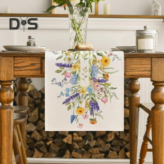 Pavasarinis stalo takelis Gėlių lininis stalo takelis Sezoninis vasaros lauko gėlių virtuvės valgomojo dekoravimas namų vakarėlio dekorui