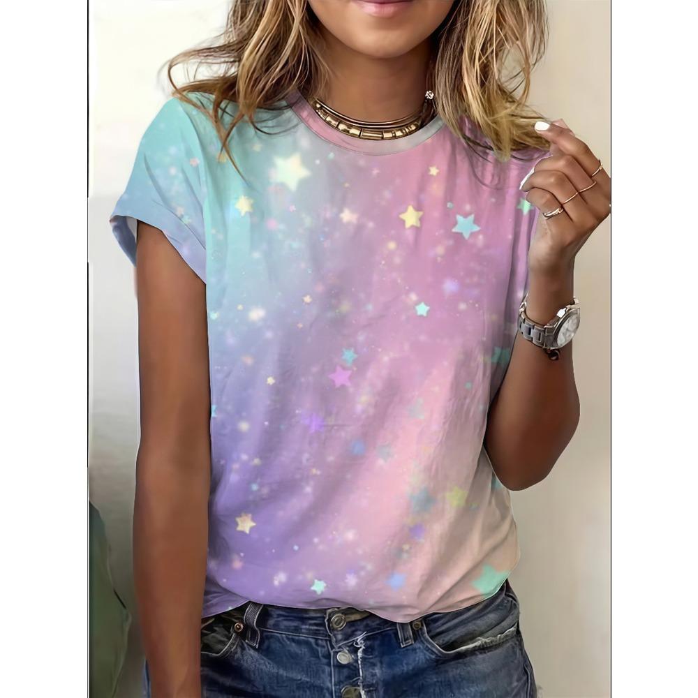 Women s soft pastel gradient T-shirt, loose fit, round neck, breathable, XXS