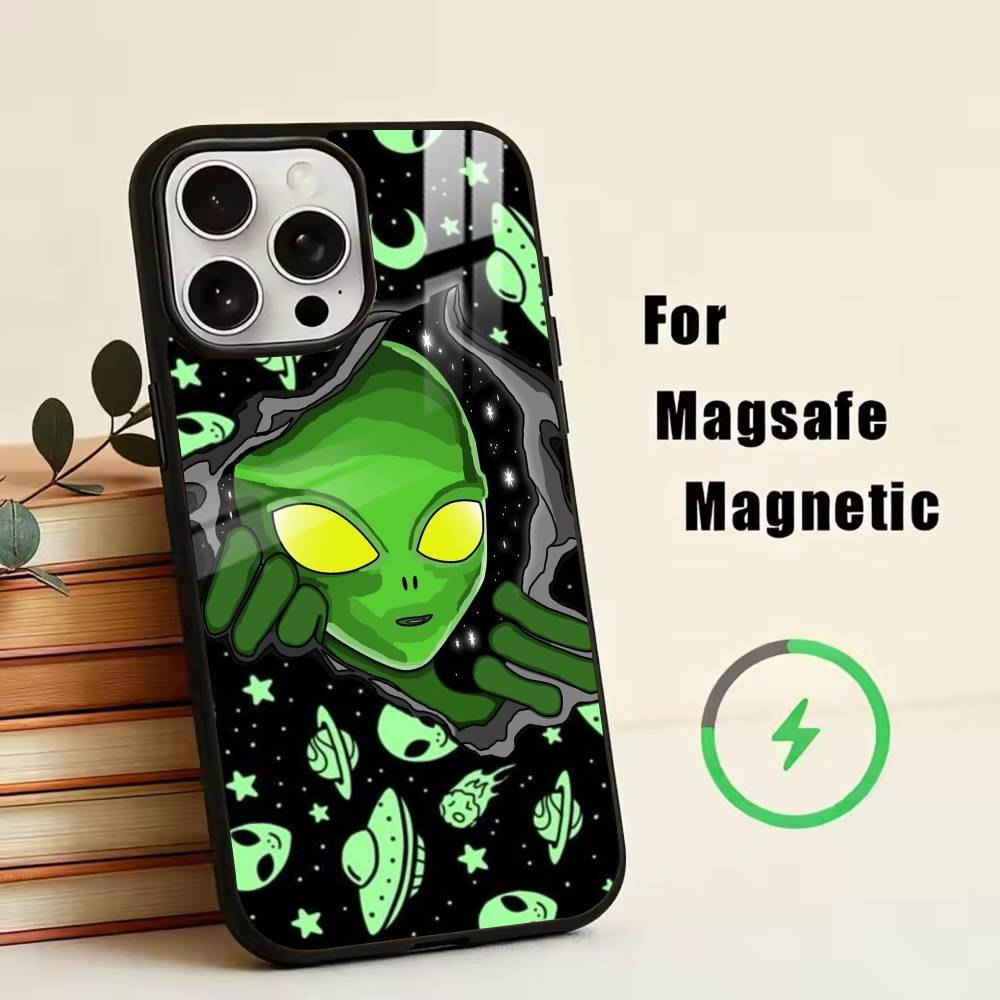 U- Funny Space UFO Alien Phone Case For iPhone17,16,15,14,13,12,11 Plus,Pro Magnetic with Magsafe Wireless Charging