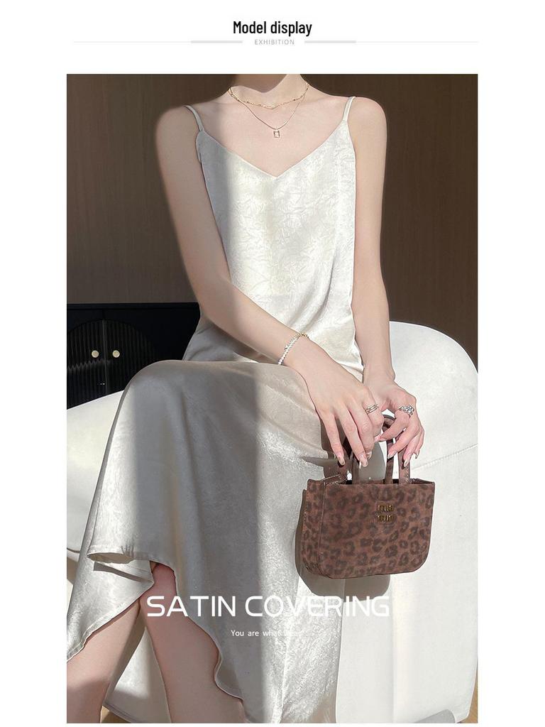 Elegant Solid Color Flower Acetate Satin V-Neck Spaghetti Strap Summer Dress for Women