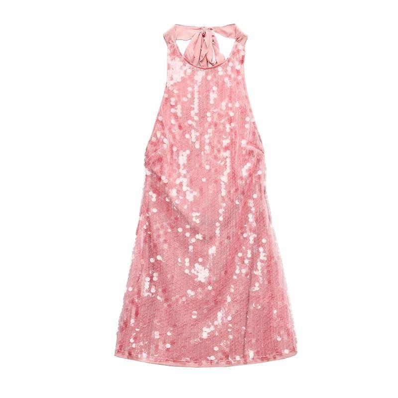 

Spring New Women s Clothing Fashion Sweet Style Open Back Beads Decoration Hanging Collar Short Dress 8741271 Pink L