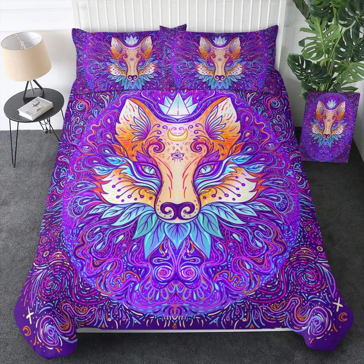 

Комплект пододеяльника с принтом племенного лиса, Комплект стеганого одеяла с лесными животными, Набор из трех предметов EU single 135*200