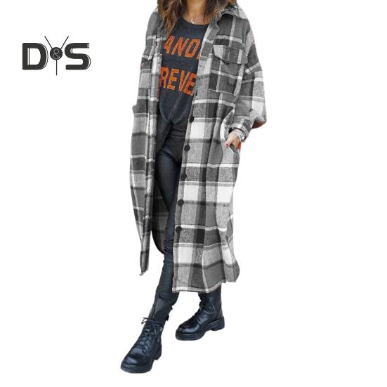 Podzim Zima Dámský Kabát Typ Košile Kostkovaný Potisk Jednořadé Zapínání Klopový Límec s Náprsními Kapsami Rozparek na Lemu Volný Střední Délka Denní Nošení Práce Venkovní