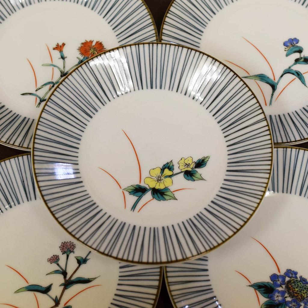 Waza no Kura Plate Set: Stylish Kutani Ware Medium Plates (5-Piece Set) with Five Flowers Design. High-Quality Japanese Dinnerware. Made in Japan. A P