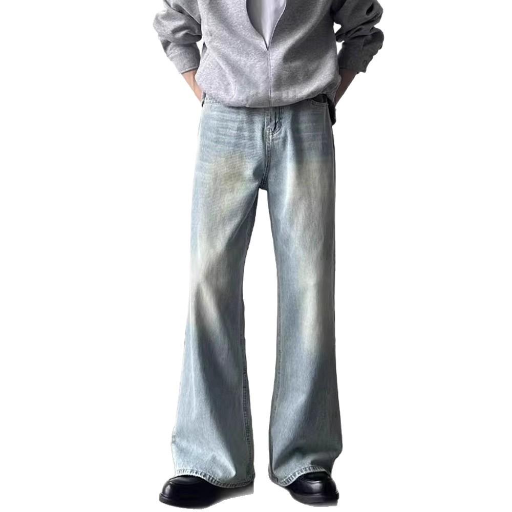 Cleanfit simple retro washed light blue jeans boys loose A-shaped straight drape wide-leg trousers