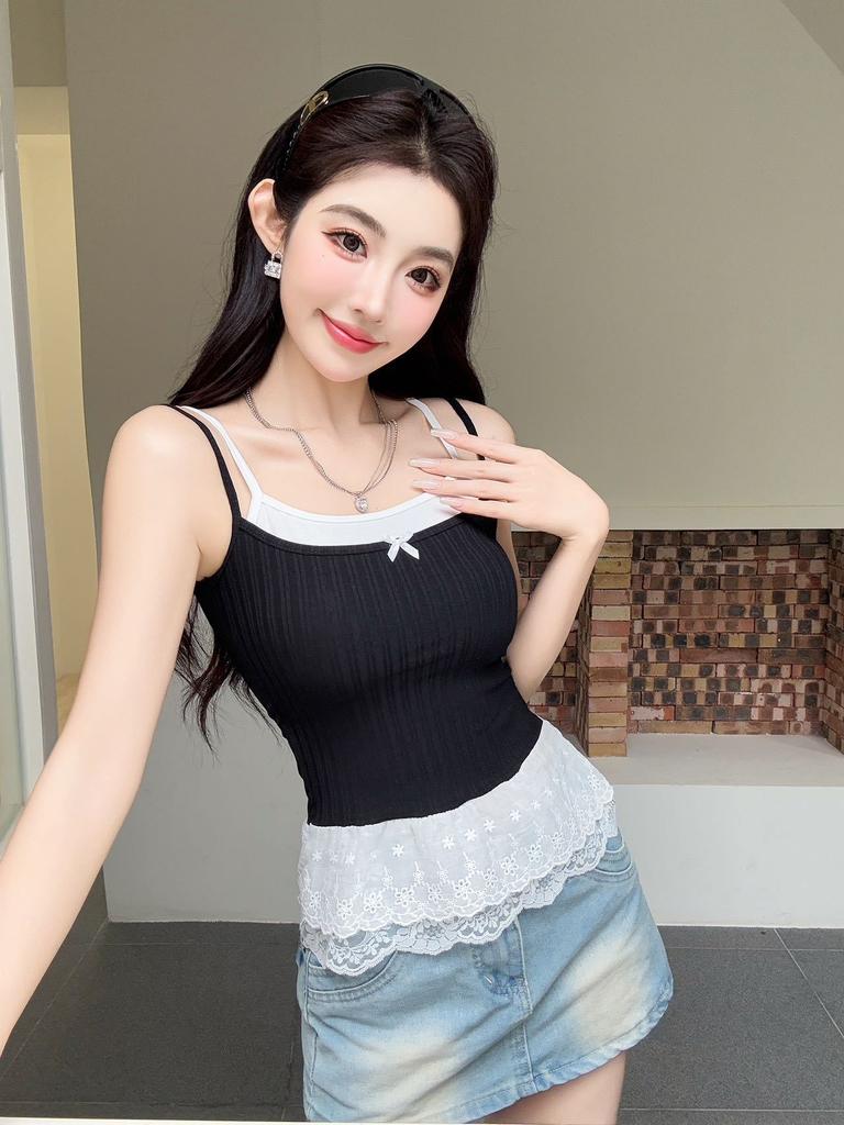 #Summer new lace splicing fake two-piece sling vest, thin fixed chest pad, slim versatile top