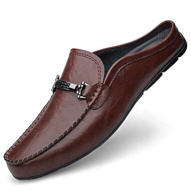 Men's Large Size Genuine Leather Closed-Toe Backless Slippers - Soft Sole Cowhide Summer Sandals