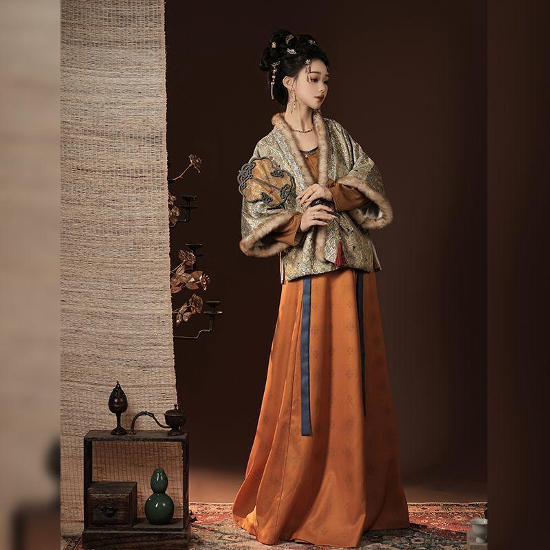 Hanfu-Anzug für Damen im chinesischen Stil, Restaurierung imitiert Brokat der Song-Dynastie, Tang-Hose und hüftlange einteilige Rock-Kombination