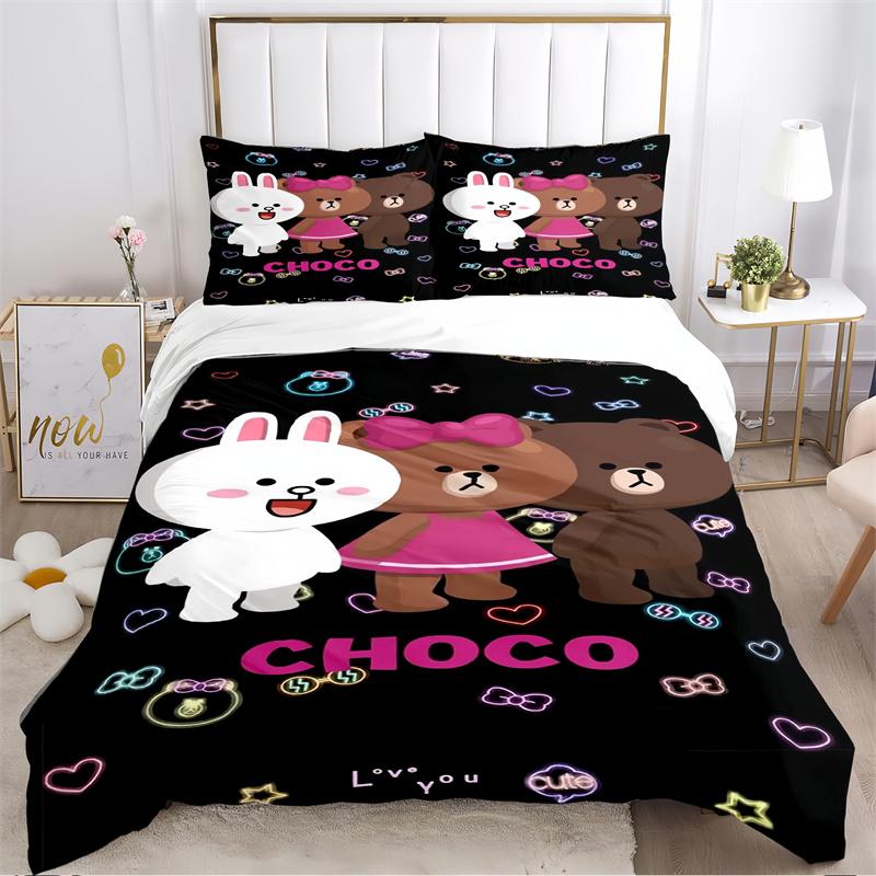 Cute Black Cat with Red Bow Print Bedding Set, Grey Striped Cartoon Cat Duvet Cover Set(1 * duvet cover + 2 * pillowcase, without core)