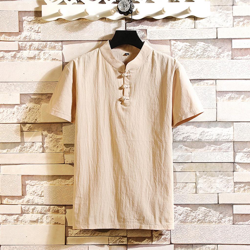 Men‘s Cotton Linen Set Color Short-Sleeved T-Shirt Large Size Casual Set