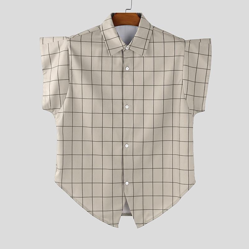 

INCERUN Men Lapel Neck Batwing Sleeveless Button Down Plaid Casual Tank Tops Shirts S хакі