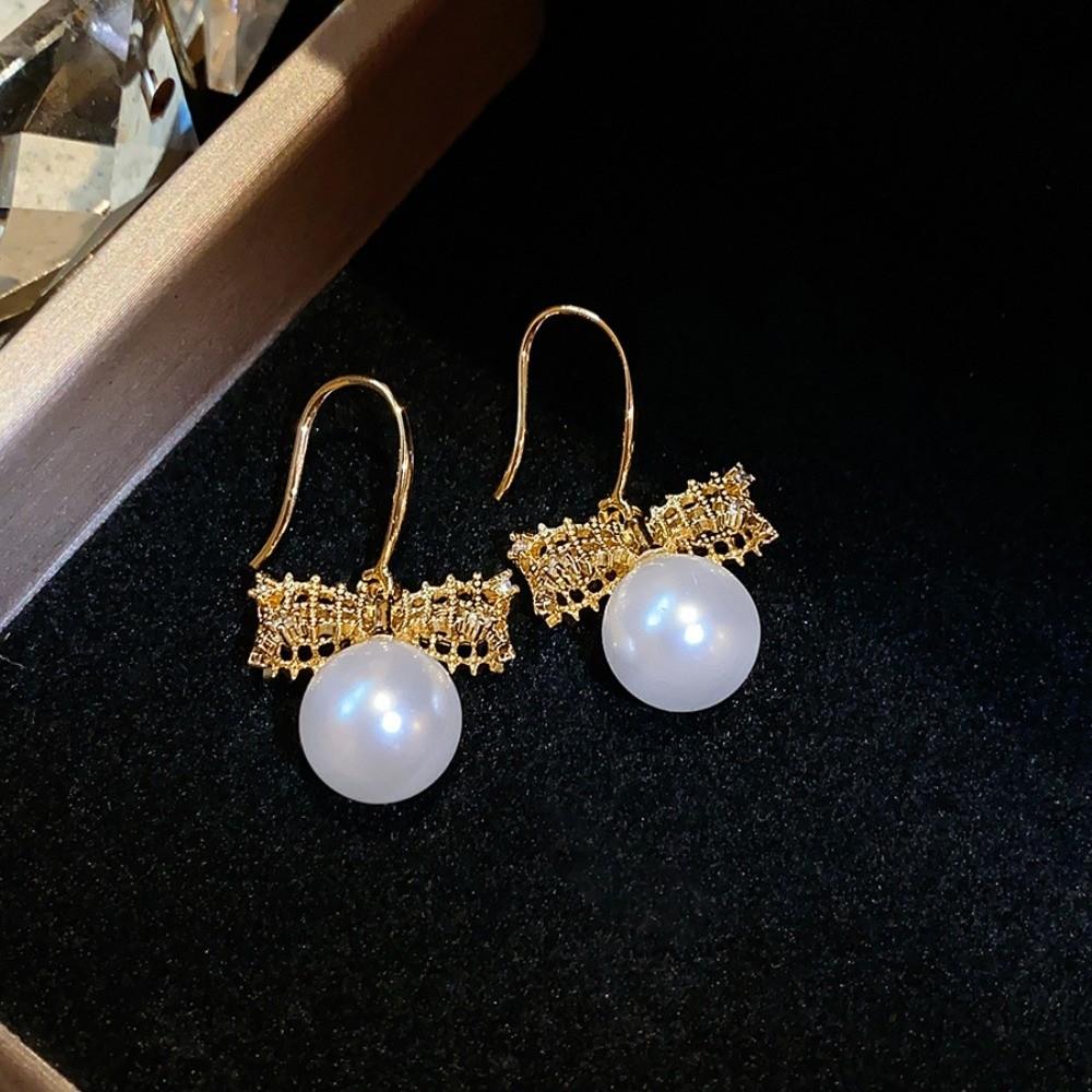 Simulation Freshwater Pearl Bow Pearl Long Earrings Shell Beads Ear Hook Drop Earrings  Girls Gift