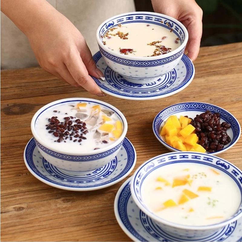 Conjunto Tigela Dragão Porcelana Azul e Branca – Tigelas Cerâmicas para Sopa de Arroz e Macarrão Prato Sob Esmalte