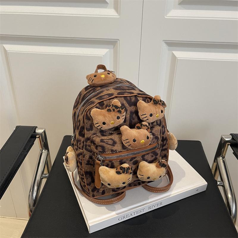 Leopard Print Faux Suede Backpack for Women Cute Cartoon Shoulder Bag