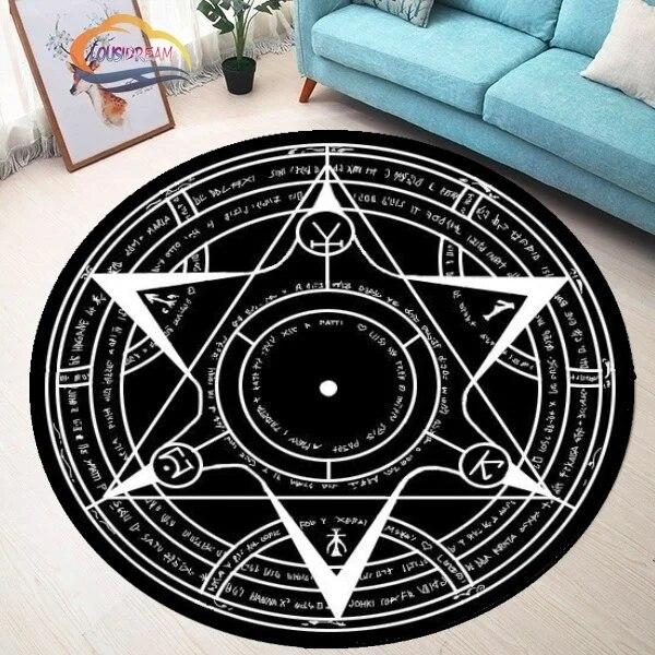 Kulatý koberec se vzorem Pentagram Sun, koberec Satan Devil's Trap, bílý na černém koberci Supernatural Rune