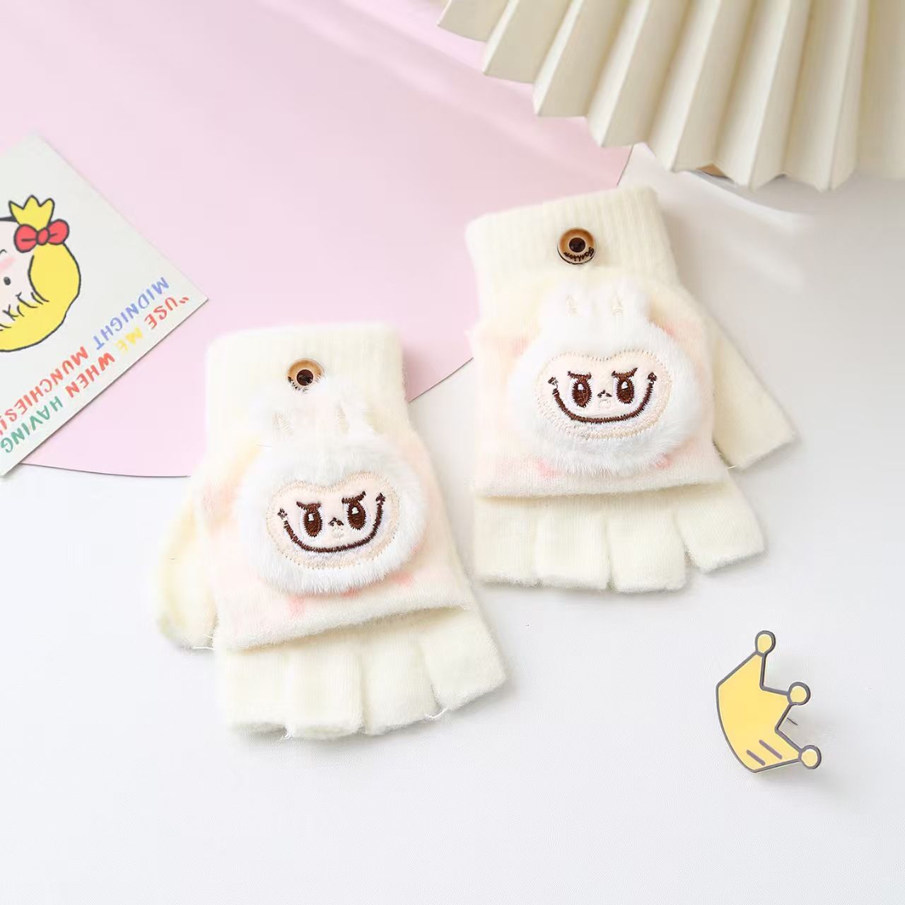 

Children s Princess-style Flip Cartoon Gloves, Winter Plush Five-fingered Warm Gloves 4-10 years old