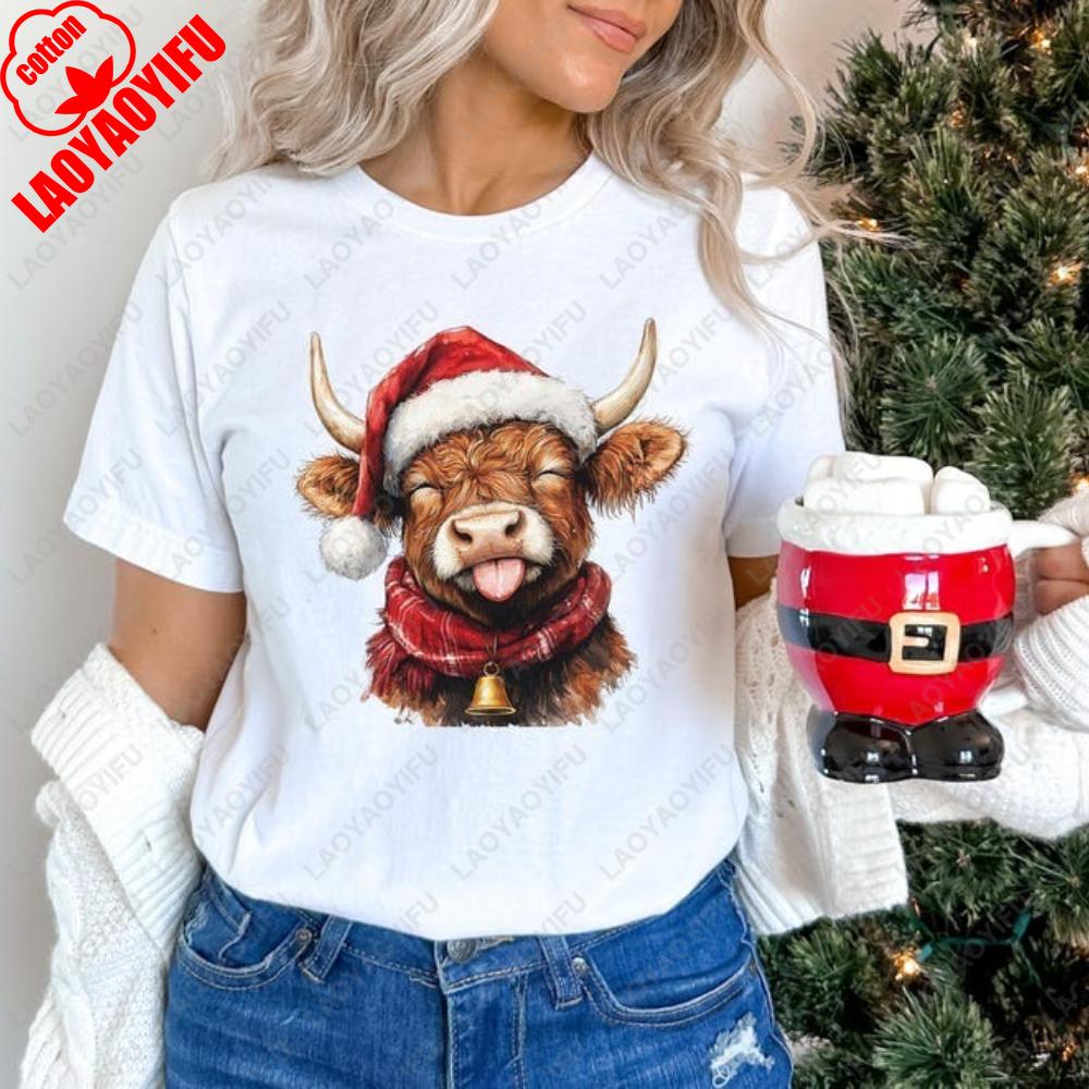 Funny Highland Cow Christmas Shirts Farm Cow with Santa Hat T-Shirt Xmas Bell Country Woman Men Christmas T Shirts Print Tops