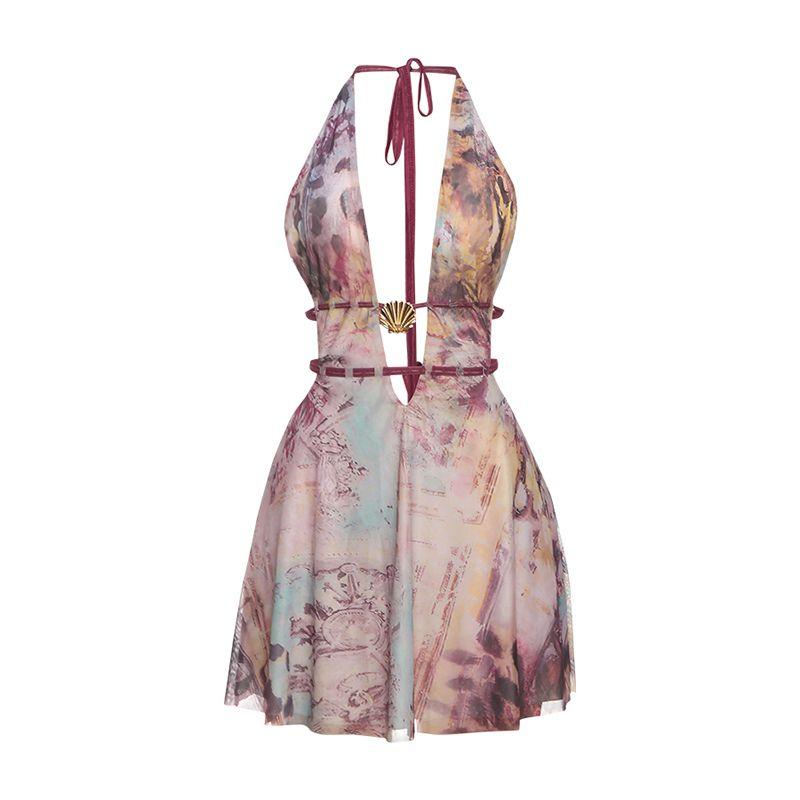 

# Sisjuly# Сексуальное Ретро Полное Красочной Отделки Глубокий V Красивая Спина Металлическая Ракушка Холтер Платье со Шнуровкой Женское Color S