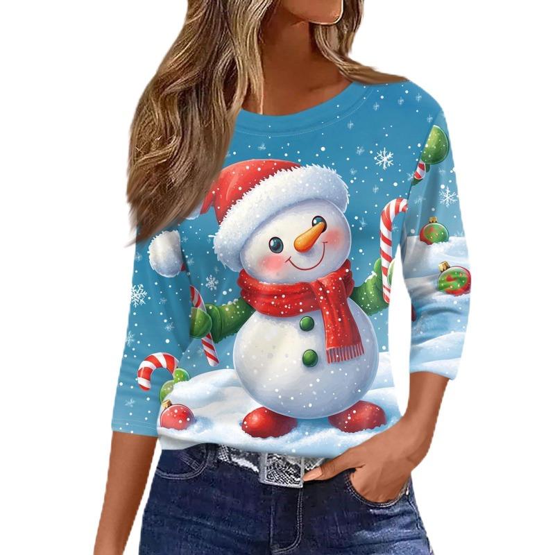 Women's 3D Snowman Printed Christmas Theme Round Neck Long Sleeve T-shirt Casual Comfortable Polyester Christmas Party Pullover