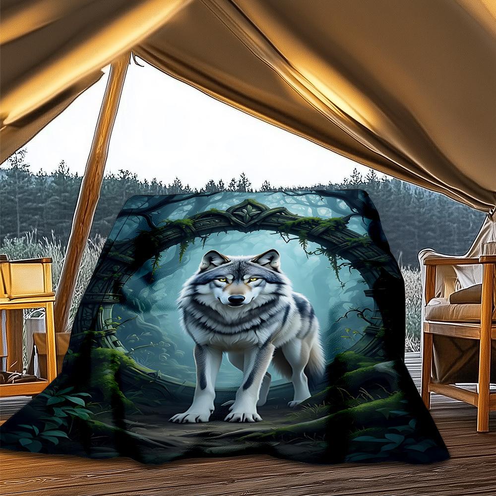 1pc Wolf Forest Outdoor Blanket - Soft Flannel Cozy for Travel & Camping - All-Season Warm Bed Cover, Machine Washable Yy251229074