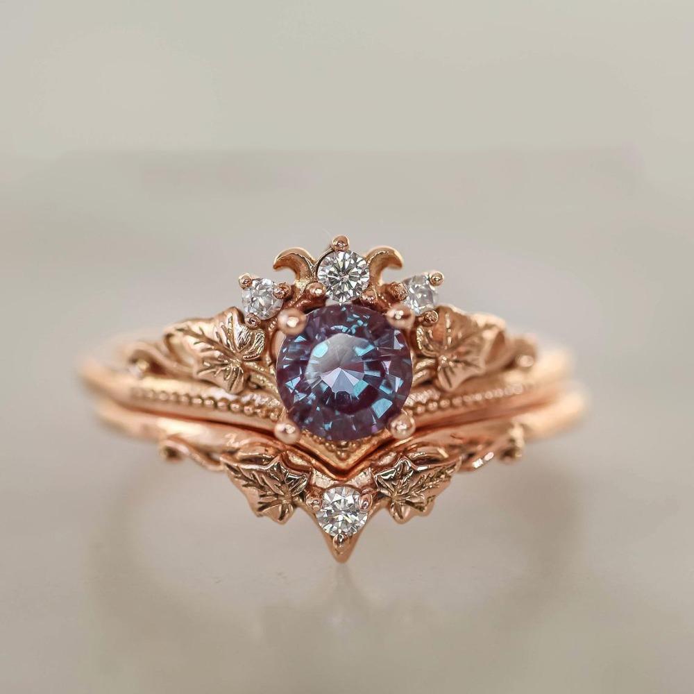 

Emerald Zirconium Rings for Women Rose Gold Plated Engagement Wedding Band Set no. 6