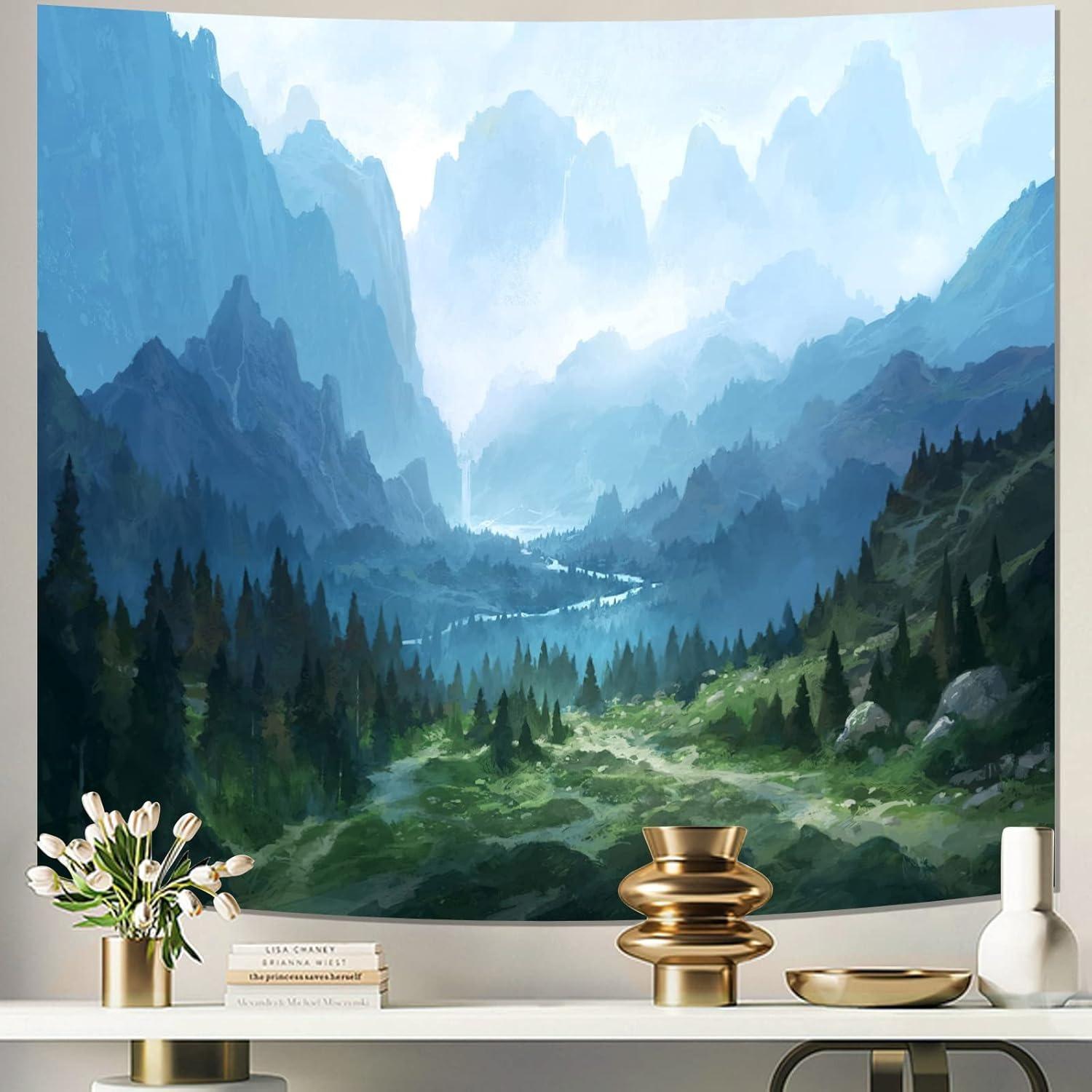 Atrippy Forest Nature Tapestry for Bedroom, Green Misty Foggy Mountain Sage Trees Wall Tapestry 150x130cm