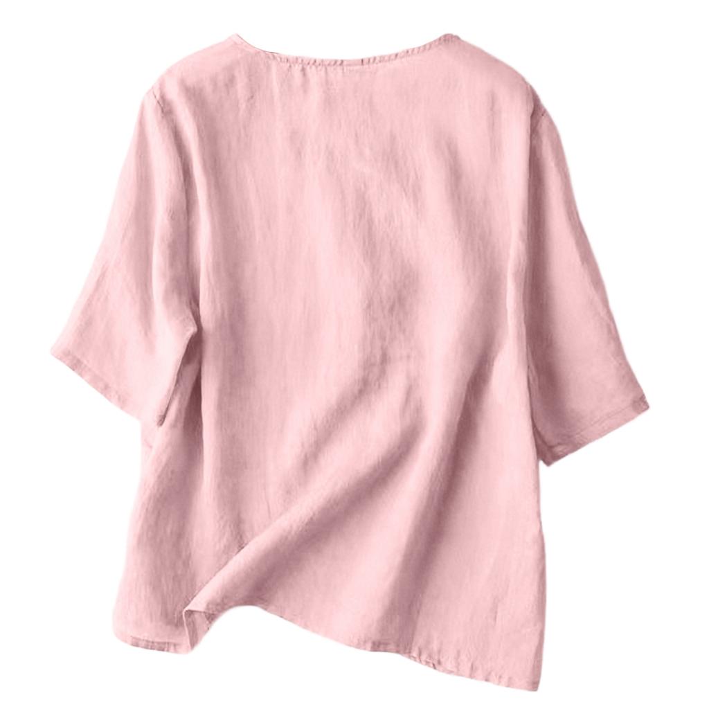 Women's Embroidered Loose Retro Linen-Cotton Short Sleeve Blouse