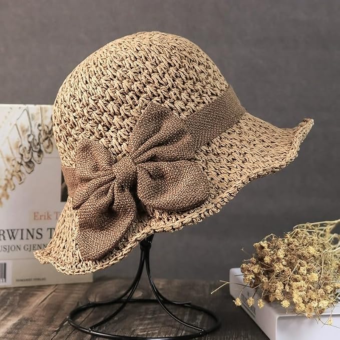 Elegant Woven Straw Sun Hat with Bow: Foldable Wide Brim Summer Beach Hats Perfect for Women Beach & Summer Vacation Travel/khaki