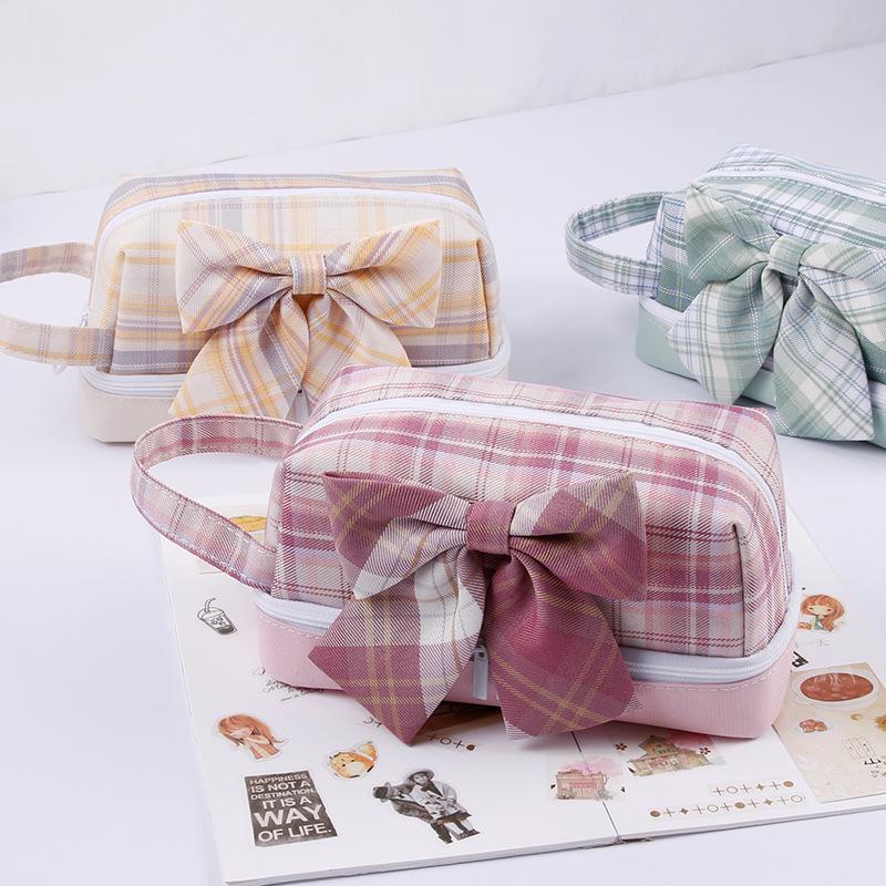 Large-capacity Double-layer Pencil Case Japanese Canvas Student Girl Heart Lattice Plaid Pencil Case Cute Bow Gifts for Girls