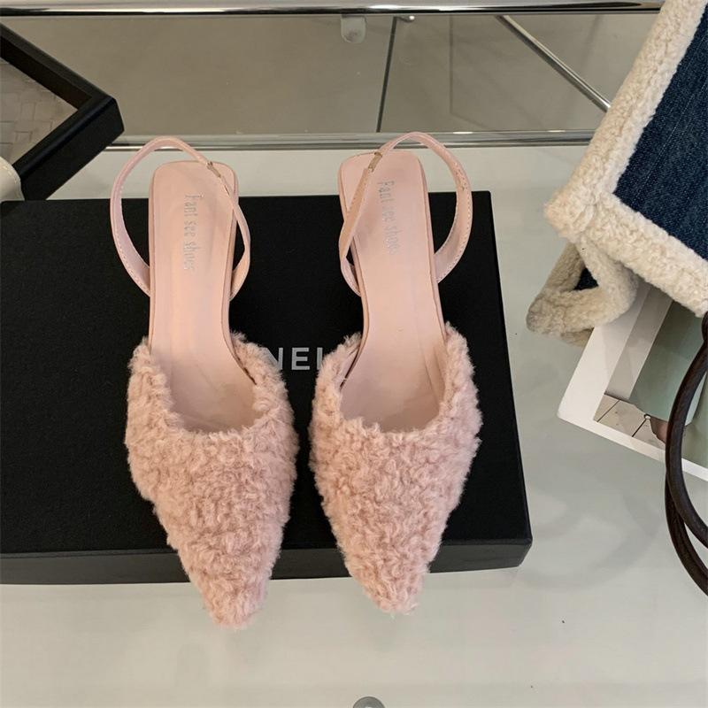 Rosa Haarige Spitzpumps Damen Frühling Riemchen Dünne Absätze Hintere Hälfte Leer Kopf Einzelne Schuhe