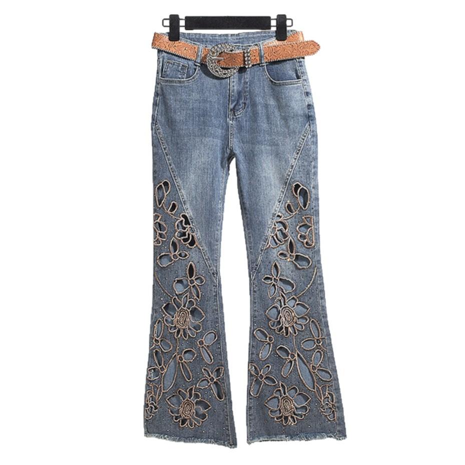 Europe, America Summer New Fashion Heavy Industry Hot Diamond Hollow Embroidered Jeans Femininity Thin Versatile Nine Points Slightly Pull