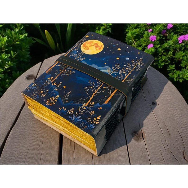 Moon phase Forest Leather Journal with Key | Moonlit Witchy Grimoire | Deckle Paper Book of Shadows | Gift for Her/Him