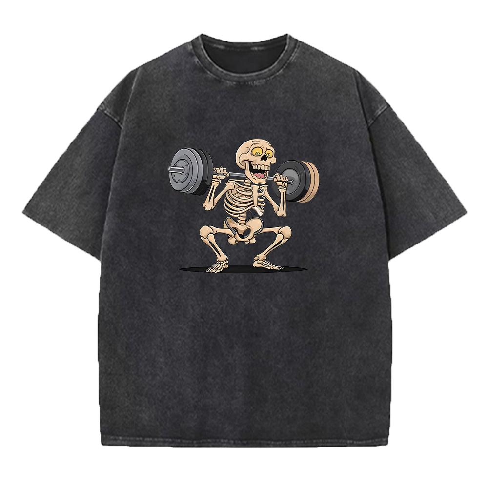 Mens Retro Distressed Washed TShirt With Fun Weightlifting Skull Print Fashionable Pure Cotton Short Sleeve Street Style Top